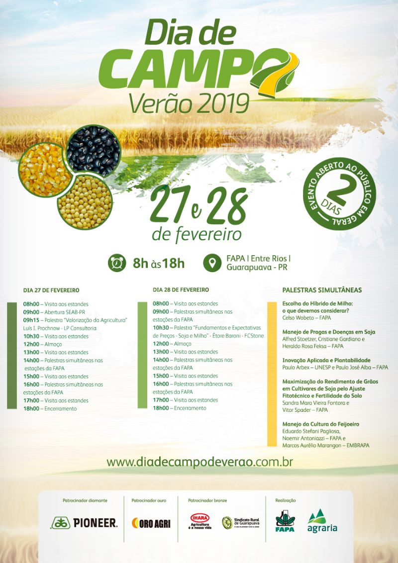 Palestras técnicas sobre soja, milho e feijão são atrações do Dia de Campo de Verão 2019