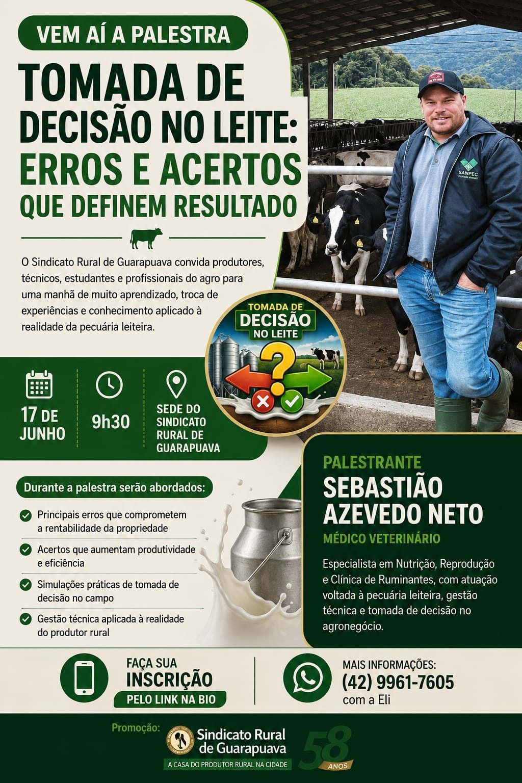 Vem aí a palestra Tomada de Decisão no Leite: Erros e Acertos que Definem Resultado!