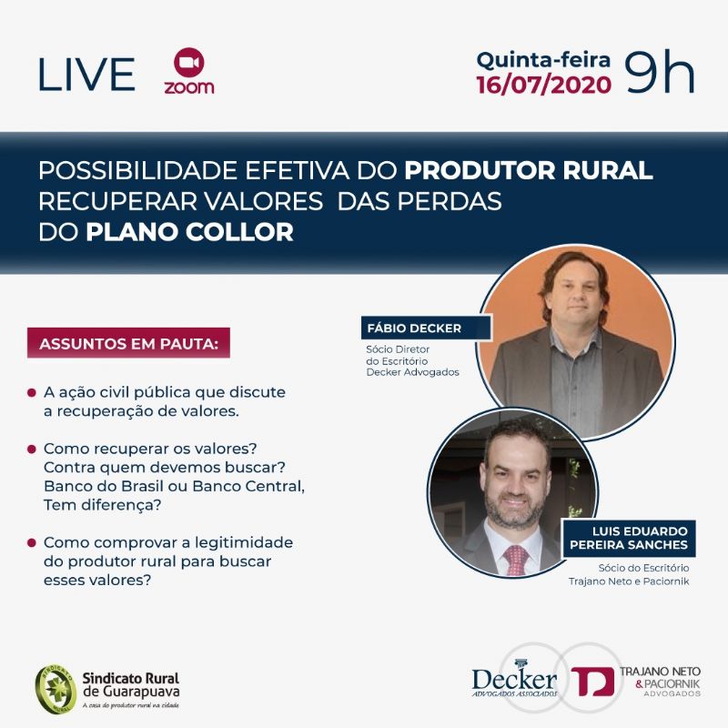  Live debaterá a recuperação de valores pelos produtores rurais do Plano Collor