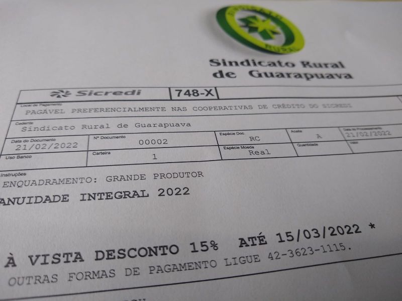 Anuidade 2022 foi enviada aos associados do Sindicato Rural