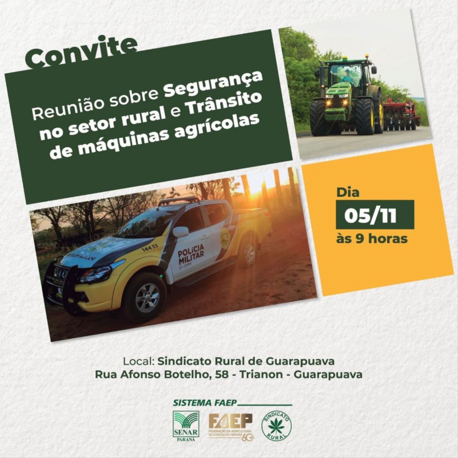 Sindicato Rural de Guarapuava convida produtores para reunião da FAEP sobre segurança no campo e trânsito de máquinas agrícolas
