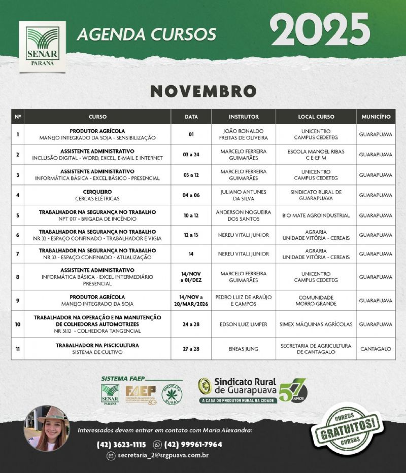 Sindicato Rural de Guarapuava e SENAR divulgam agenda de cursos para o mês de novembro