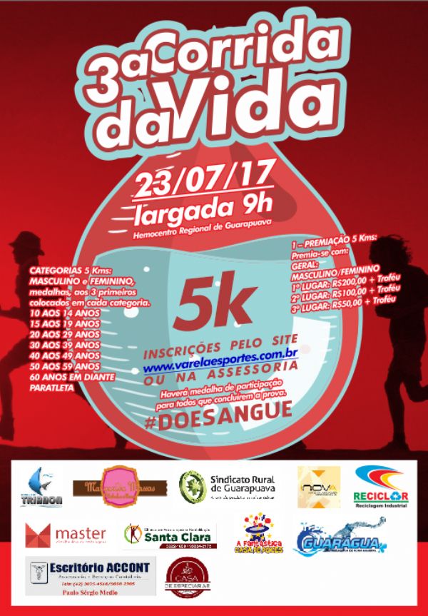 Domingo, 23 de julho, tem 3ª Corrida pela Vida em Guarapuava